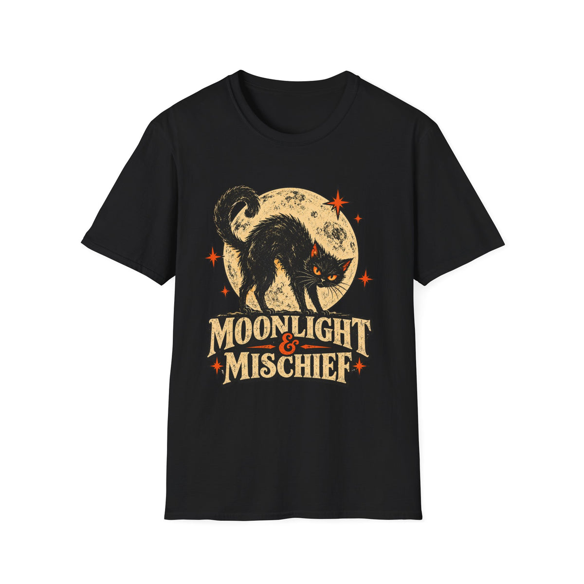 Moonlight & Mischief Black Cat Halloween Shirt, Vintage Halloween Cat Tee, Retro Spooky Moon T-Shirt, Gothic Cat Lover Gift