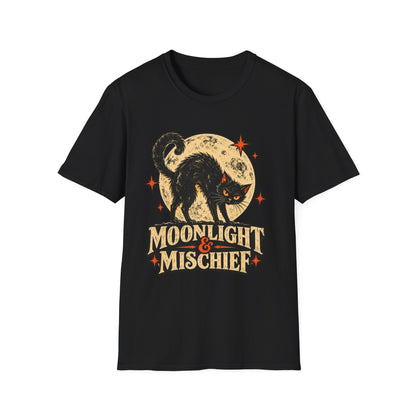 Moonlight & Mischief Black Cat Halloween Shirt, Vintage Halloween Cat Tee, Retro Spooky Moon T-Shirt, Gothic Cat Lover Gift