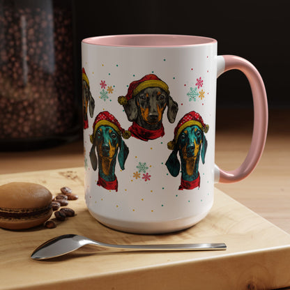 Dachshund Christmas Mug - Holiday Wiener Dog Cup - Cute Doxie Dog Lover Gift - Santa Hat Dachshund Coffee Mug - Colorful Dog Art Mug