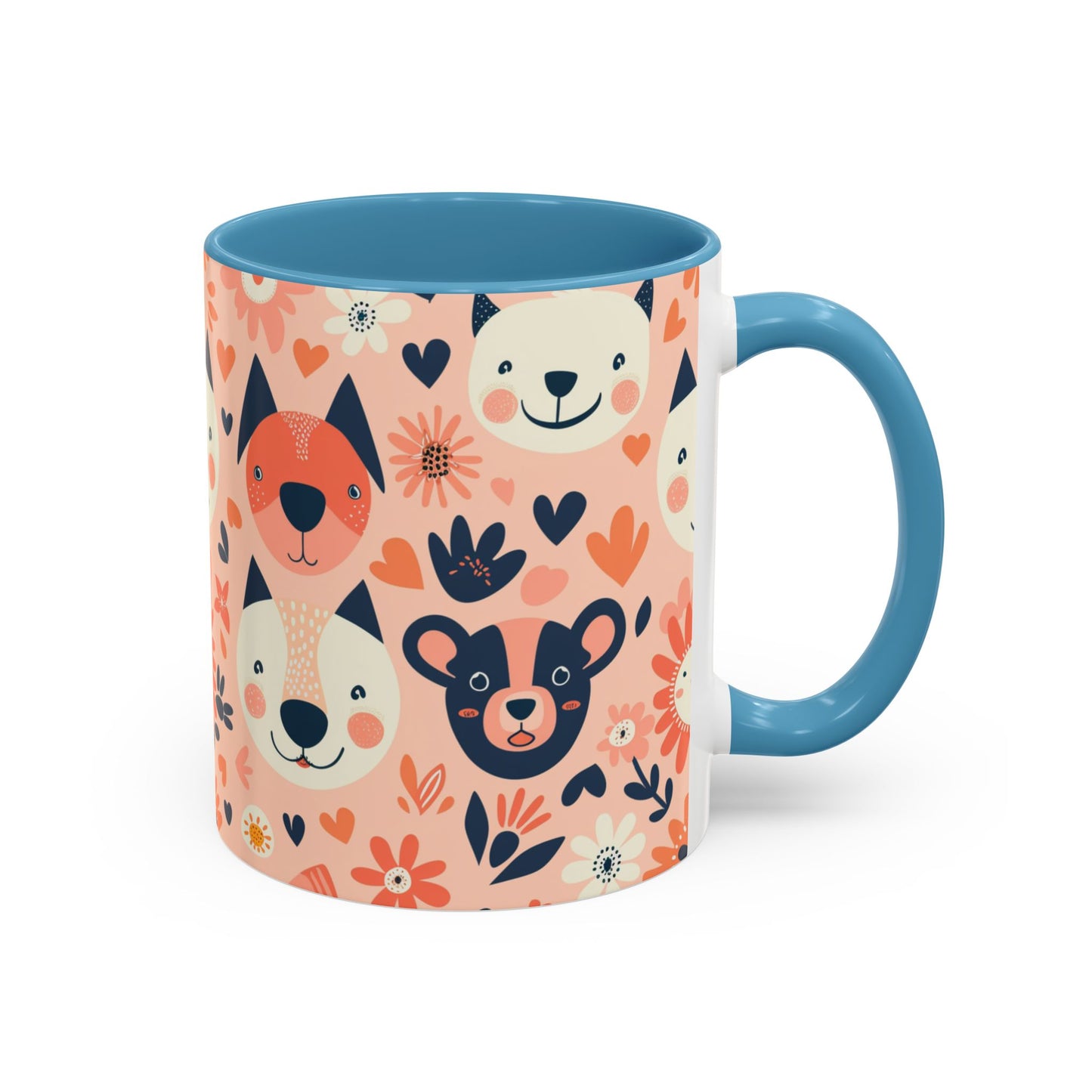 Whimsical Woodland Animals Mug, Cute Fox & Bear Coffee Cup, Peach and Navy Forest Friends Gift
