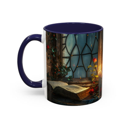 Candlelight Study Mug, Gothic Book and Roses Coffee Cup, Cozy Dark Academia Library Gift, Anniversary, Soft Atmosphere