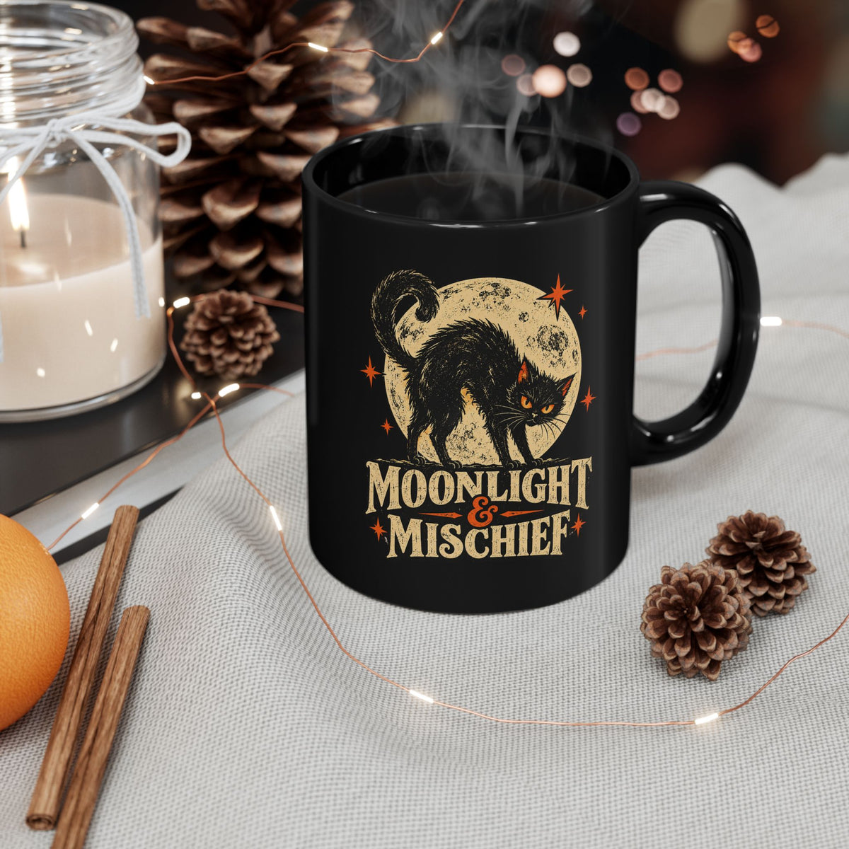 Moonlight & Mischief Black Cat Mug, Vintage Halloween Coffee Mug, Spooky Cat Gift, Retro Halloween Mug