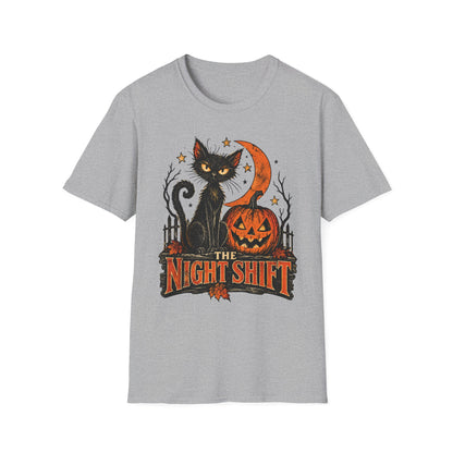 The Night Shift Black Cat Halloween Shirt, Vintage Halloween Cat T-Shirt, Retro Pumpkin Spooky Season Tee