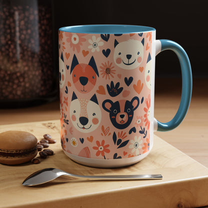 Whimsical Woodland Animals Mug, Cute Fox & Bear Coffee Cup, Peach and Navy Forest Friends Gift