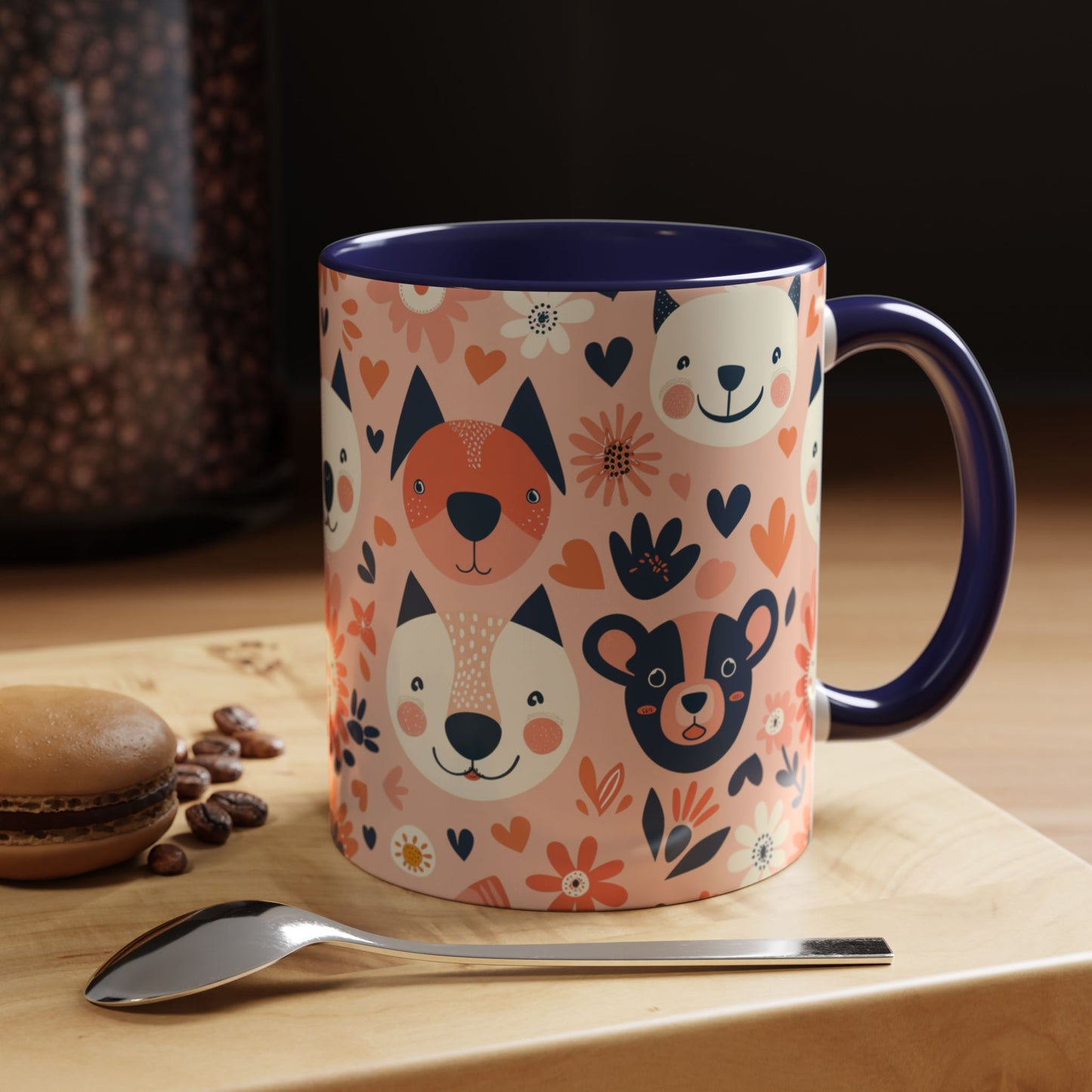 Whimsical Woodland Animals Mug, Cute Fox & Bear Coffee Cup, Peach and Navy Forest Friends Gift