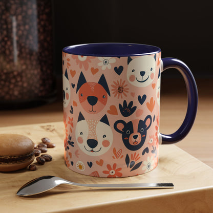 Whimsical Woodland Animals Mug, Cute Fox & Bear Coffee Cup, Peach and Navy Forest Friends Gift