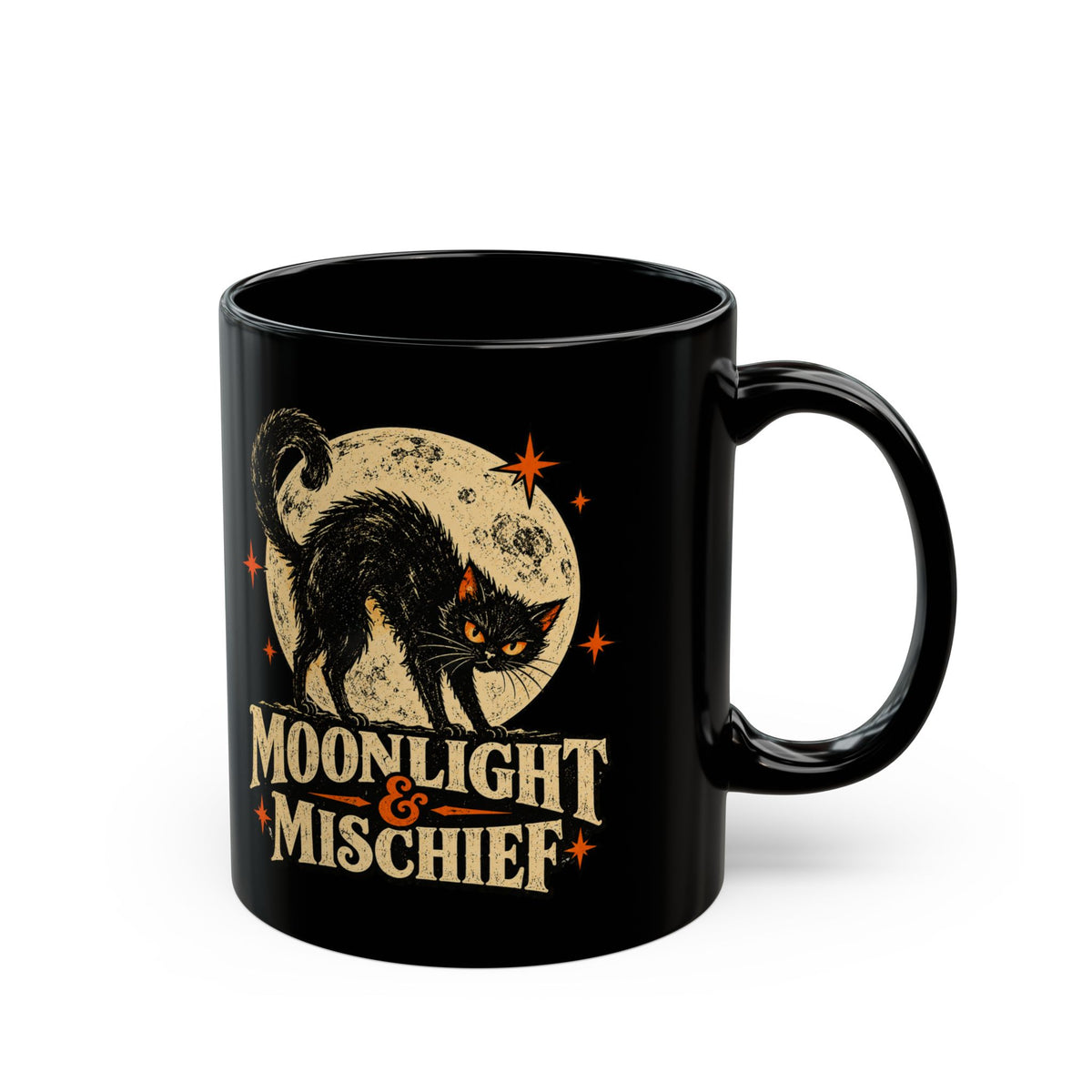 Moonlight & Mischief Black Cat Mug, Vintage Halloween Coffee Mug, Spooky Cat Gift, Retro Halloween Mug