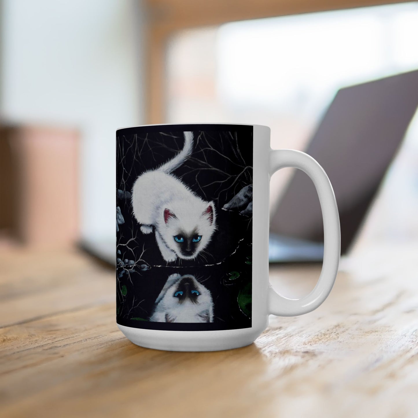 White Siamese Kitten Reflection Mug - Art Print Coffee Cup, Fantasy Cat Artwork, Cute Blue-Eyed Kitten Ceramic Mug, Artist Painted Design