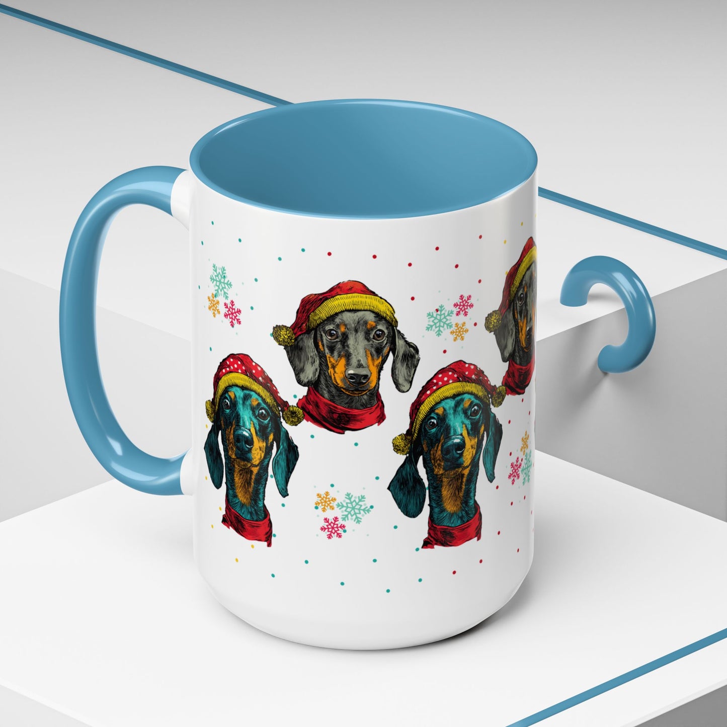 Dachshund Christmas Mug - Holiday Wiener Dog Cup - Cute Doxie Dog Lover Gift - Santa Hat Dachshund Coffee Mug - Colorful Dog Art Mug