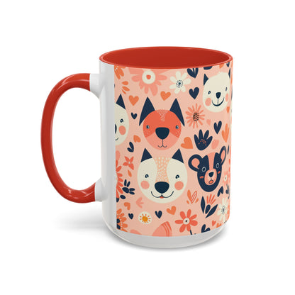Whimsical Woodland Animals Mug, Cute Fox & Bear Coffee Cup, Peach and Navy Forest Friends Gift
