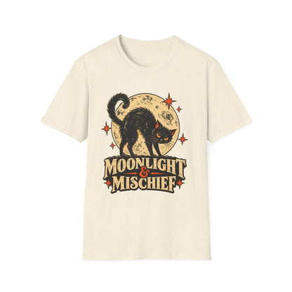 Moonlight & Mischief Black Cat Halloween Shirt, Vintage Halloween Cat Tee, Retro Spooky Moon T-Shirt, Gothic Cat Lover Gift