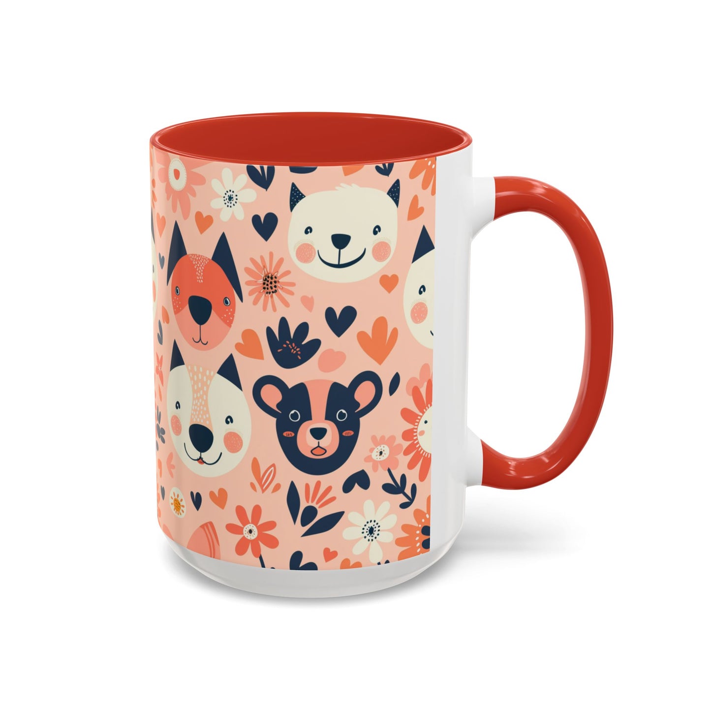 Whimsical Woodland Animals Mug, Cute Fox & Bear Coffee Cup, Peach and Navy Forest Friends Gift