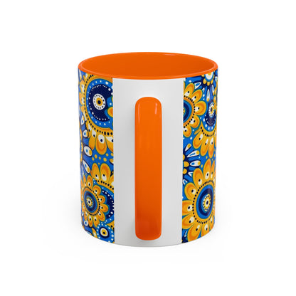 Bold Blue and Gold Flora,l Mug  Retro Boho Flower Coffee Cup, Vibrant Mandala-Inspired Pattern