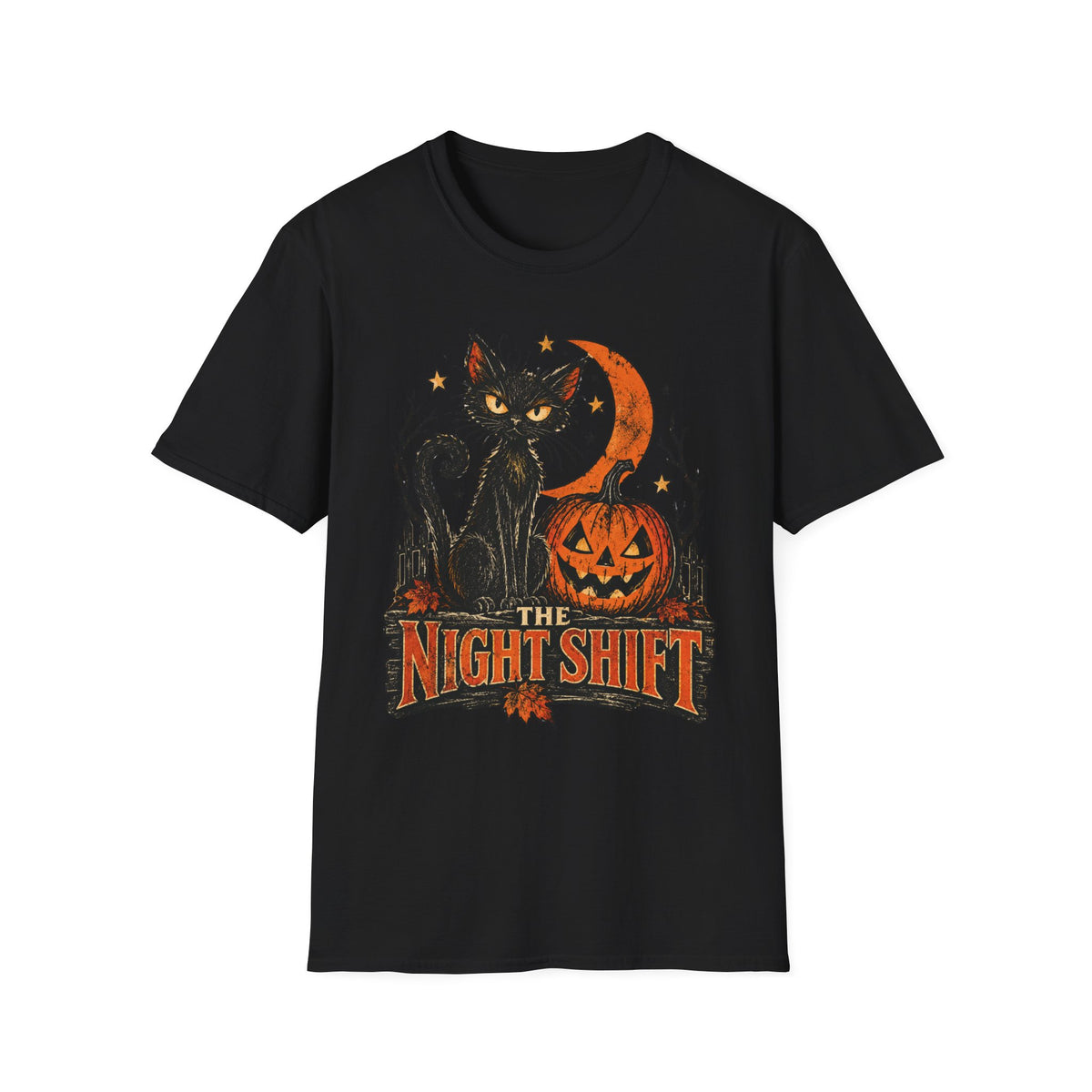 The Night Shift Black Cat Halloween Shirt, Vintage Halloween Cat T-Shirt, Retro Pumpkin Spooky Season Tee