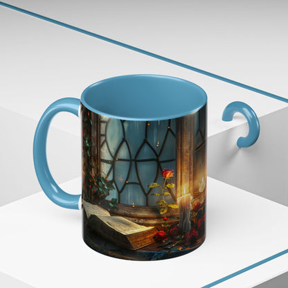 Candlelight Study Mug, Gothic Book and Roses Coffee Cup, Cozy Dark Academia Library Gift, Anniversary, Soft Atmosphere