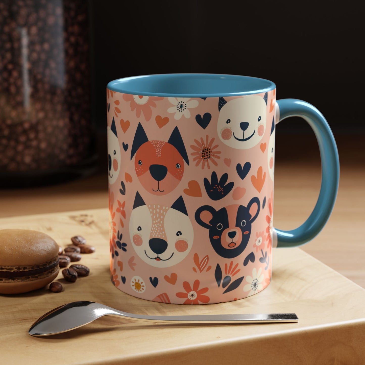 Whimsical Woodland Animals Mug, Cute Fox & Bear Coffee Cup, Peach and Navy Forest Friends Gift