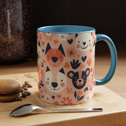 Whimsical Woodland Animals Mug, Cute Fox & Bear Coffee Cup, Peach and Navy Forest Friends Gift