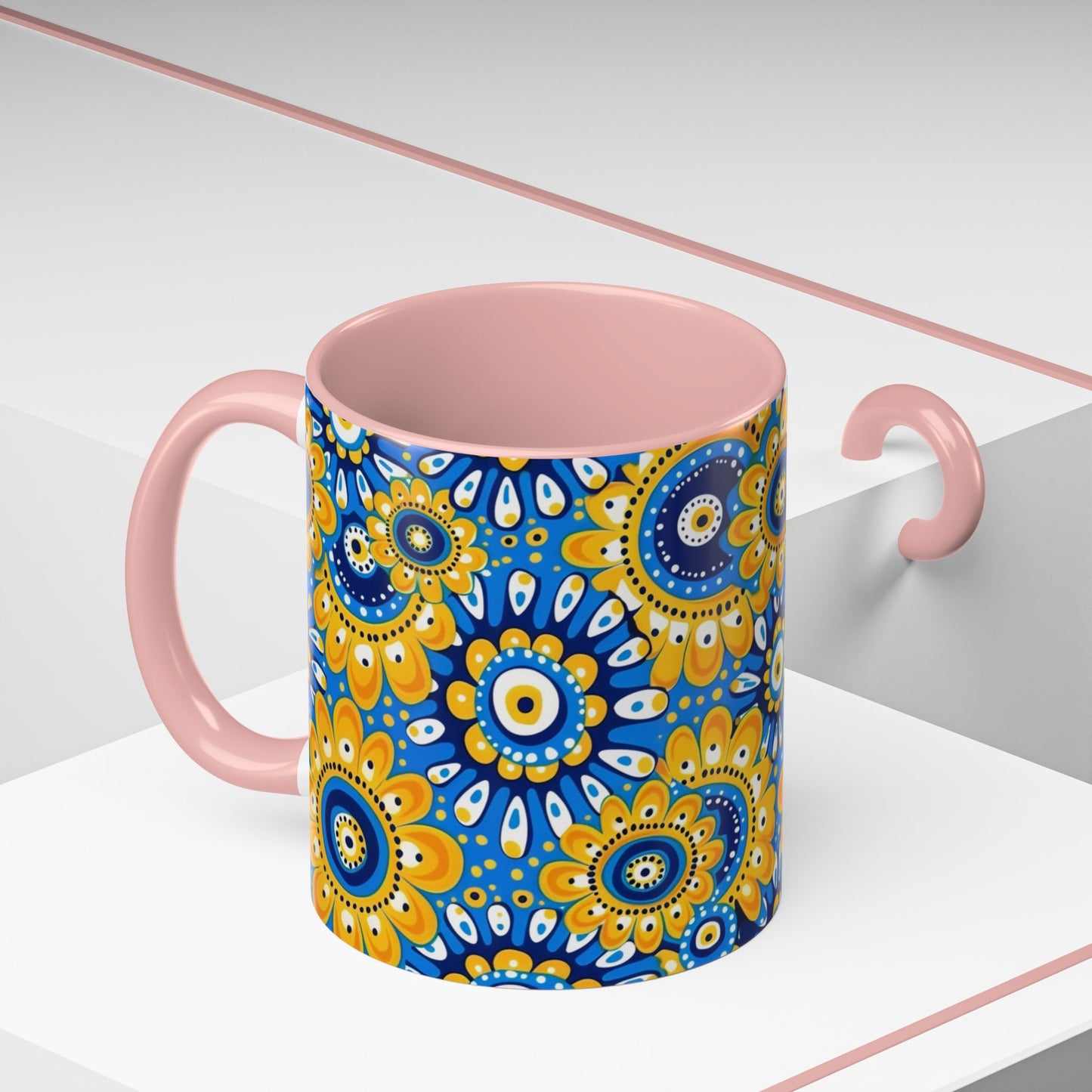 Bold Blue and Gold Flora,l Mug  Retro Boho Flower Coffee Cup, Vibrant Mandala-Inspired Pattern