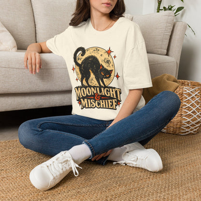 Moonlight & Mischief Black Cat Halloween Shirt, Vintage Halloween Cat Tee, Retro Spooky Moon T-Shirt, Gothic Cat Lover Gift