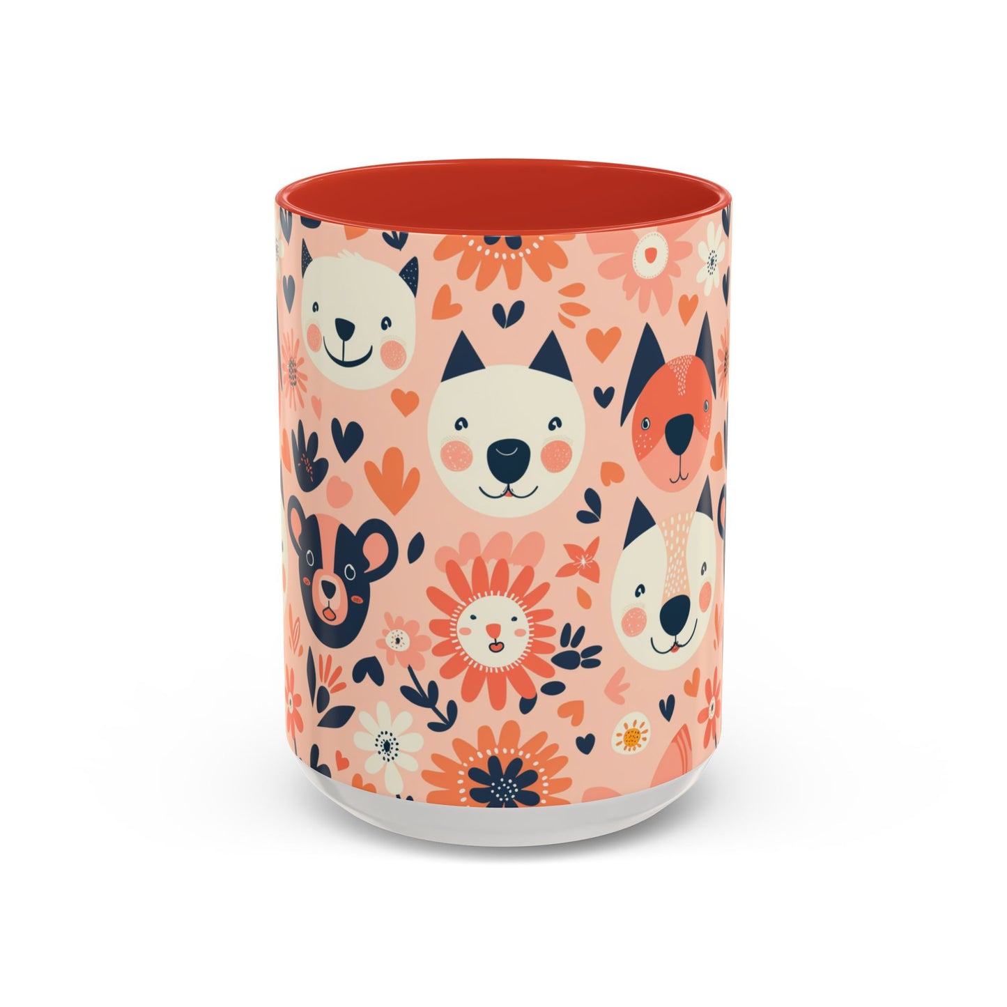 Whimsical Woodland Animals Mug, Cute Fox & Bear Coffee Cup, Peach and Navy Forest Friends Gift