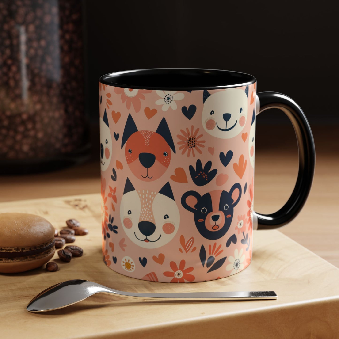 Whimsical Woodland Animals Mug, Cute Fox & Bear Coffee Cup, Peach and Navy Forest Friends Gift