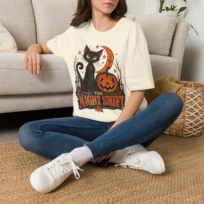 The Night Shift Black Cat Halloween Shirt, Vintage Halloween Cat T-Shirt, Retro Pumpkin Spooky Season Tee