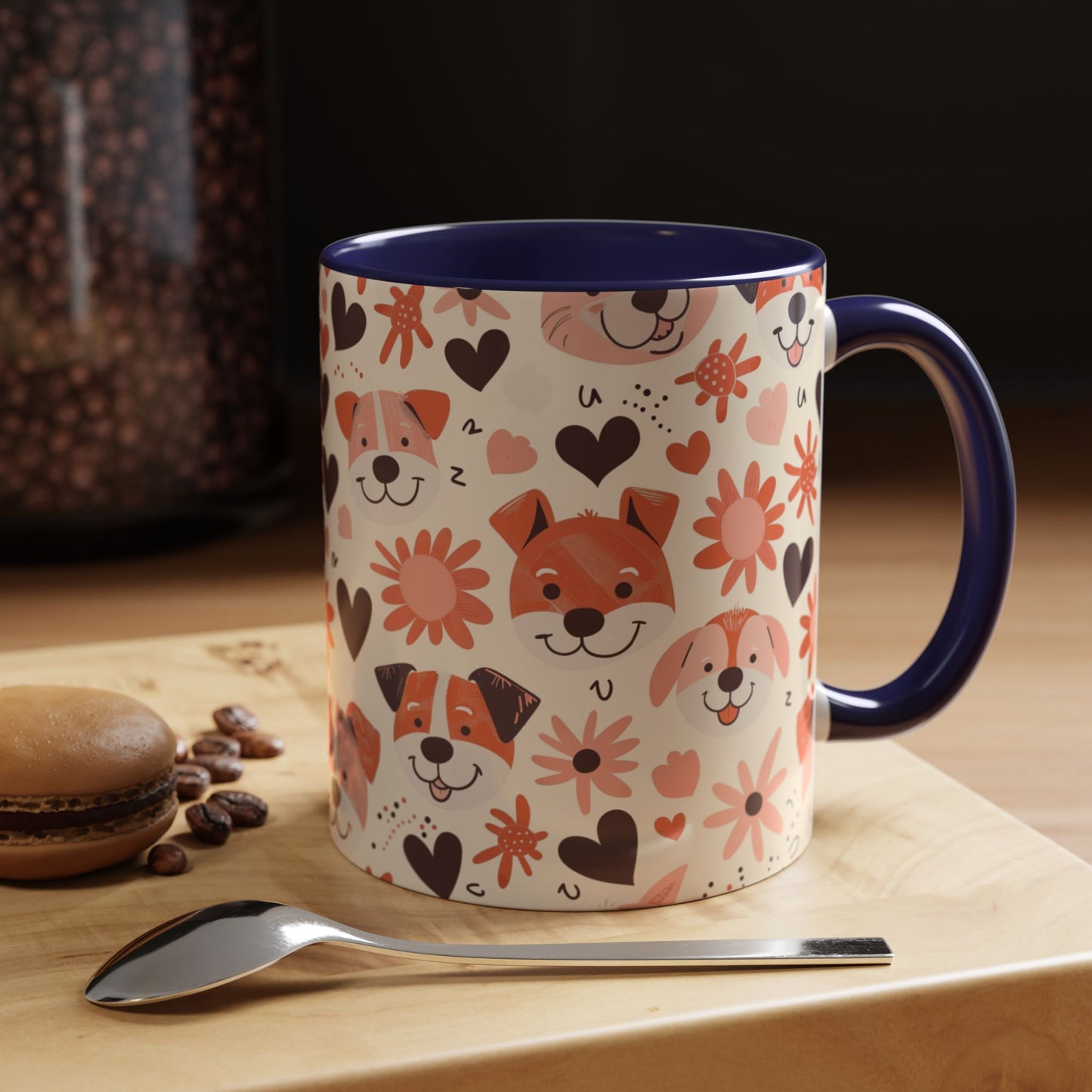 Sweet Puppy Mug, Peach and Cream Dog Lover Coffee Cup, Cute Floral Animal PatternDog Mom Gift