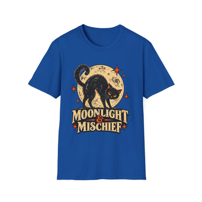 Moonlight & Mischief Black Cat Halloween Shirt, Vintage Halloween Cat Tee, Retro Spooky Moon T-Shirt, Gothic Cat Lover Gift