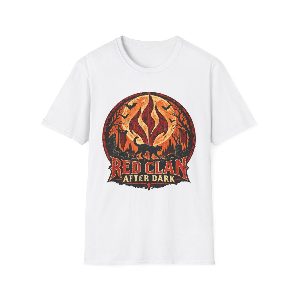 Red Clan After Dark Shirt, Black Cat Halloween Tee, Gothic Fantasy Shirt, Spooky Moon Graphic Tee, Dark Fantasy Halloween T-Shirt