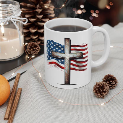 Faith & Freedom Mug, American Flag and Cross, Christian Patriot Coffee Cup, Inspirational USA Gift, God Bless America Mug