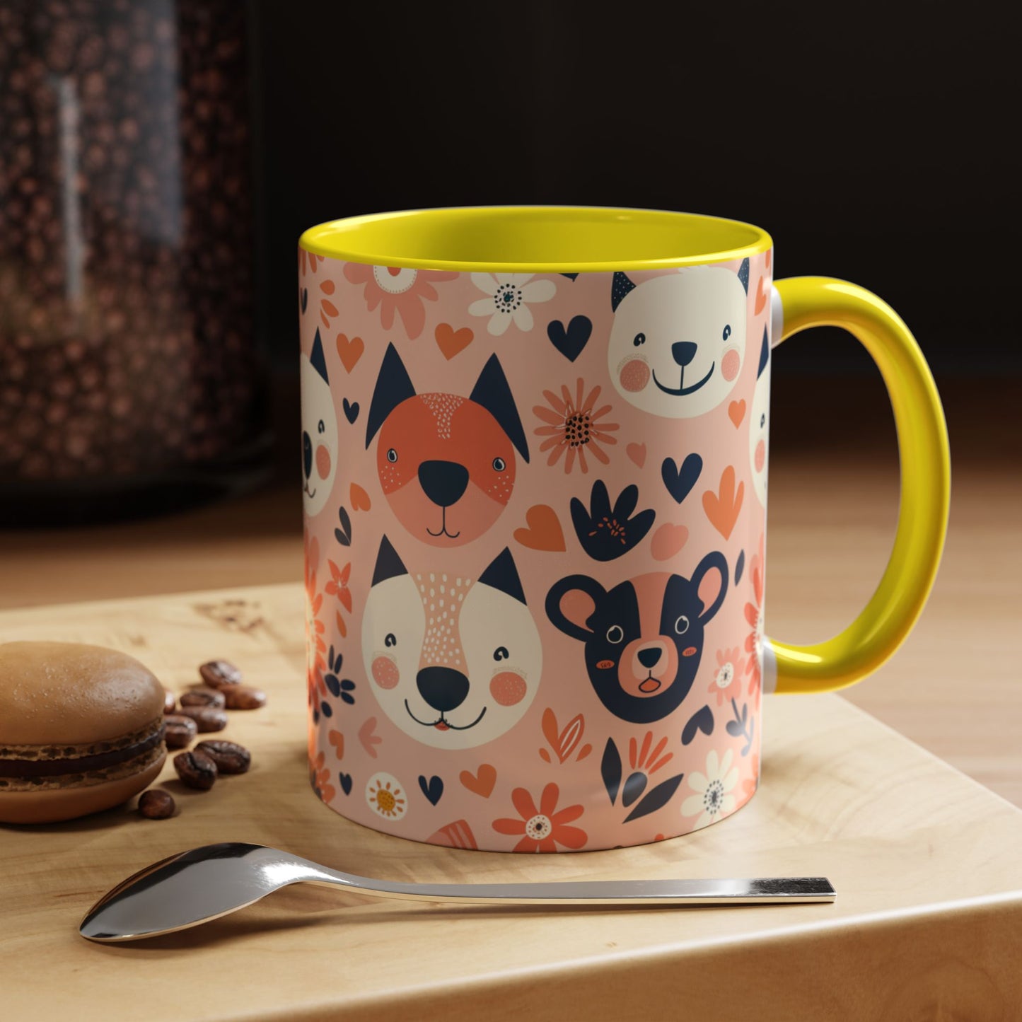 Whimsical Woodland Animals Mug, Cute Fox & Bear Coffee Cup, Peach and Navy Forest Friends Gift
