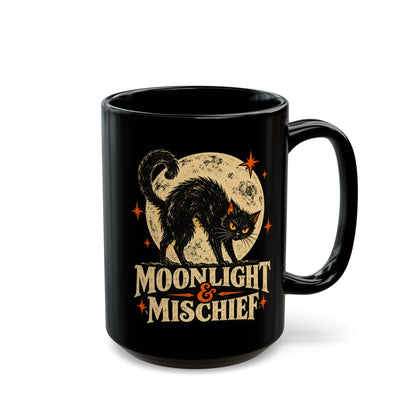 Moonlight & Mischief Black Cat Mug, Vintage Halloween Coffee Mug, Spooky Cat Gift, Retro Halloween Mug