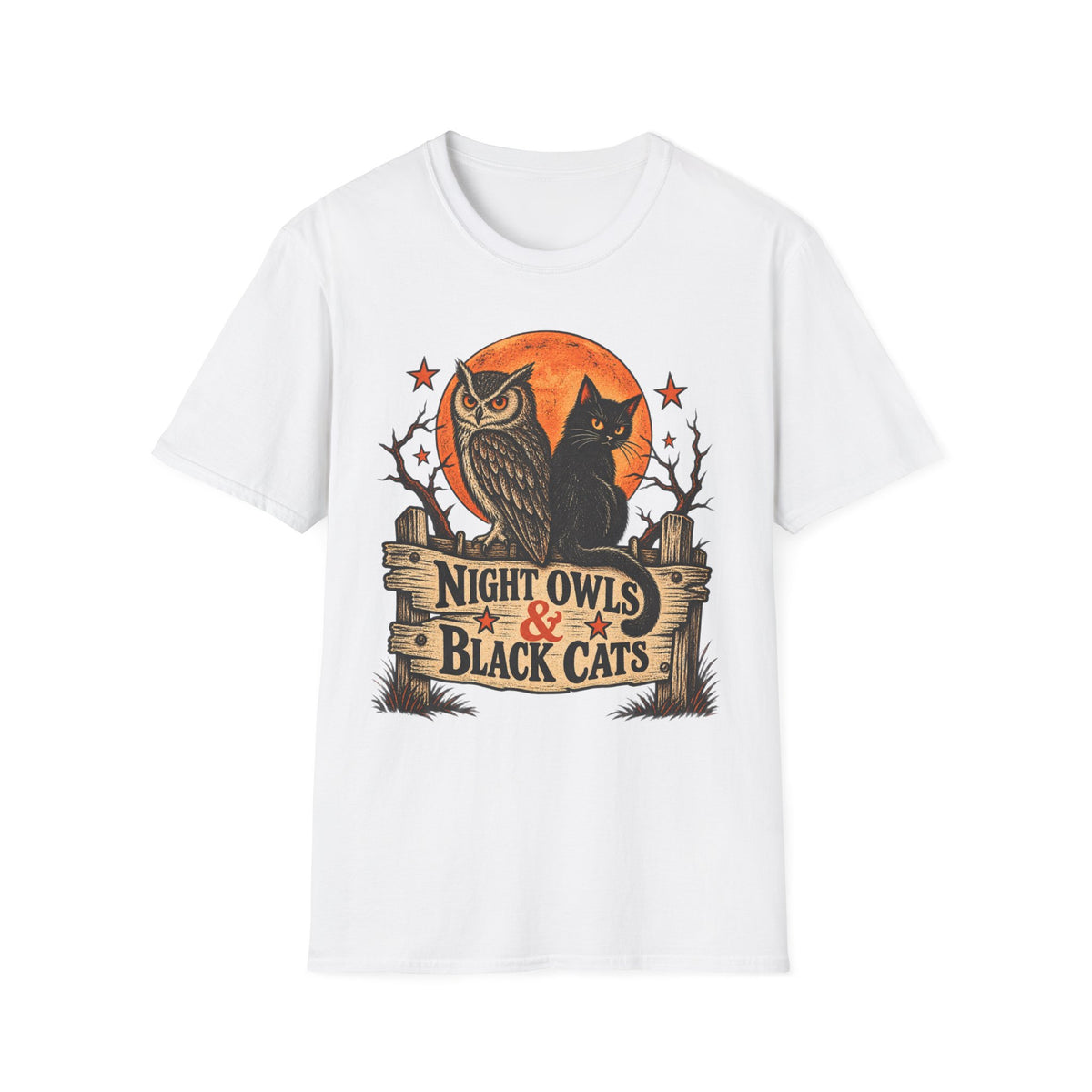 Night Owls & Black Cats Halloween Shirt, Vintage Owl and Cat T-Shirt, Retro Halloween Moon Tee, Spooky Animal Lover Shirt