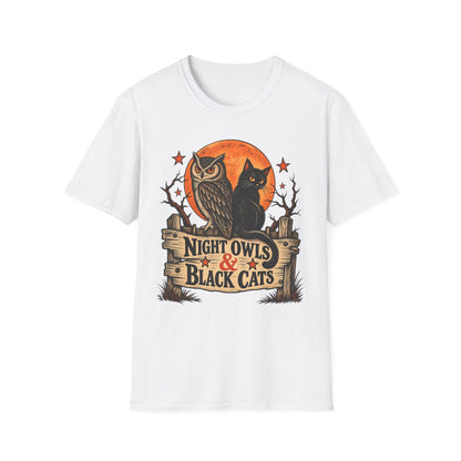 Night Owls & Black Cats Halloween Shirt, Vintage Owl and Cat T-Shirt, Retro Halloween Moon Tee, Spooky Animal Lover Shirt