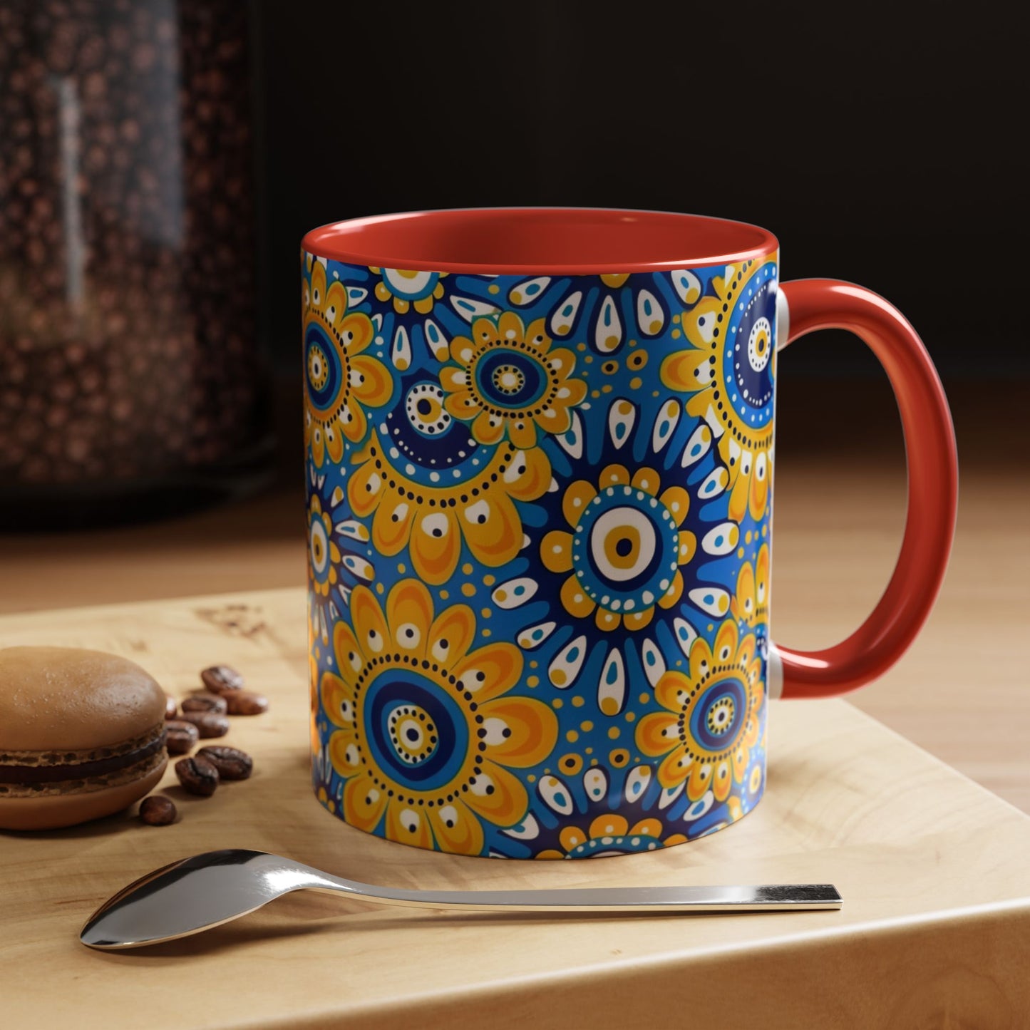Bold Blue and Gold Flora,l Mug  Retro Boho Flower Coffee Cup, Vibrant Mandala-Inspired Pattern
