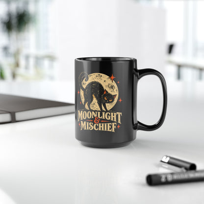 Moonlight & Mischief Black Cat Mug, Vintage Halloween Coffee Mug, Spooky Cat Gift, Retro Halloween Mug