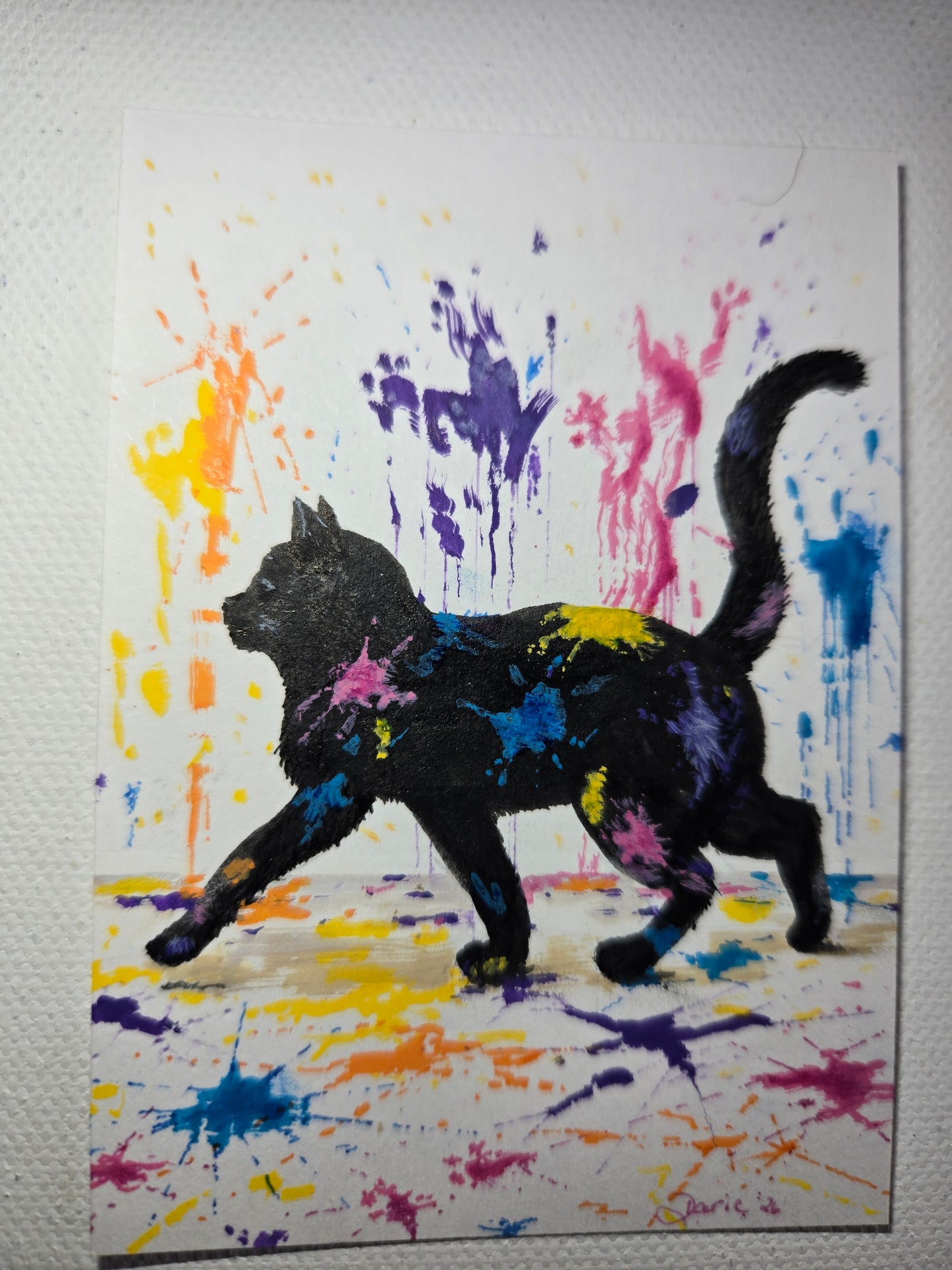Midnight’s Paint Parade~Original Acrylic ACEO~Playful Cat Color Splatter NOT A PRINT~*Signed Art 2.5 x 3.5