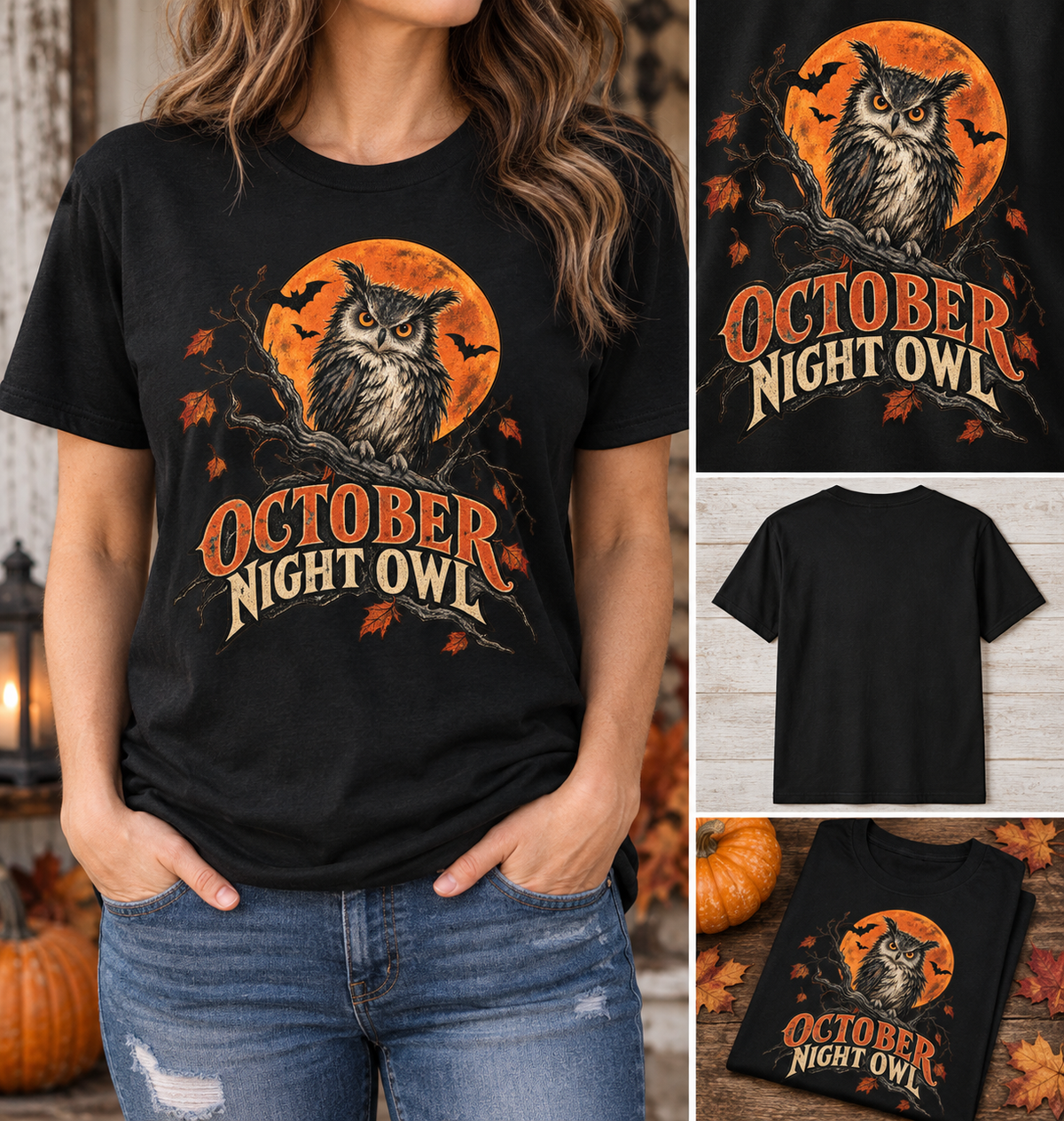 October Night Owl T-Shirt | Halloween Owl Moon Tee