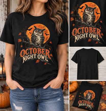 October Night Owl T-Shirt | Halloween Owl Moon Tee