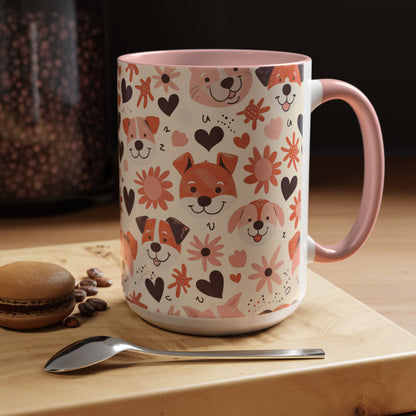 Sweet Puppy Mug, Peach and Cream Dog Lover Coffee Cup, Cute Floral Animal PatternDog Mom Gift