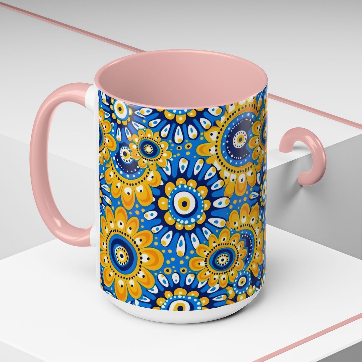 Bold Blue and Gold Flora,l Mug  Retro Boho Flower Coffee Cup, Vibrant Mandala-Inspired Pattern