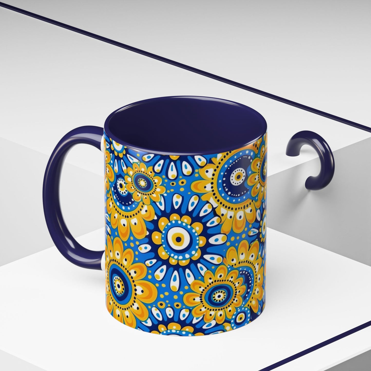 Bold Blue and Gold Flora,l Mug  Retro Boho Flower Coffee Cup, Vibrant Mandala-Inspired Pattern