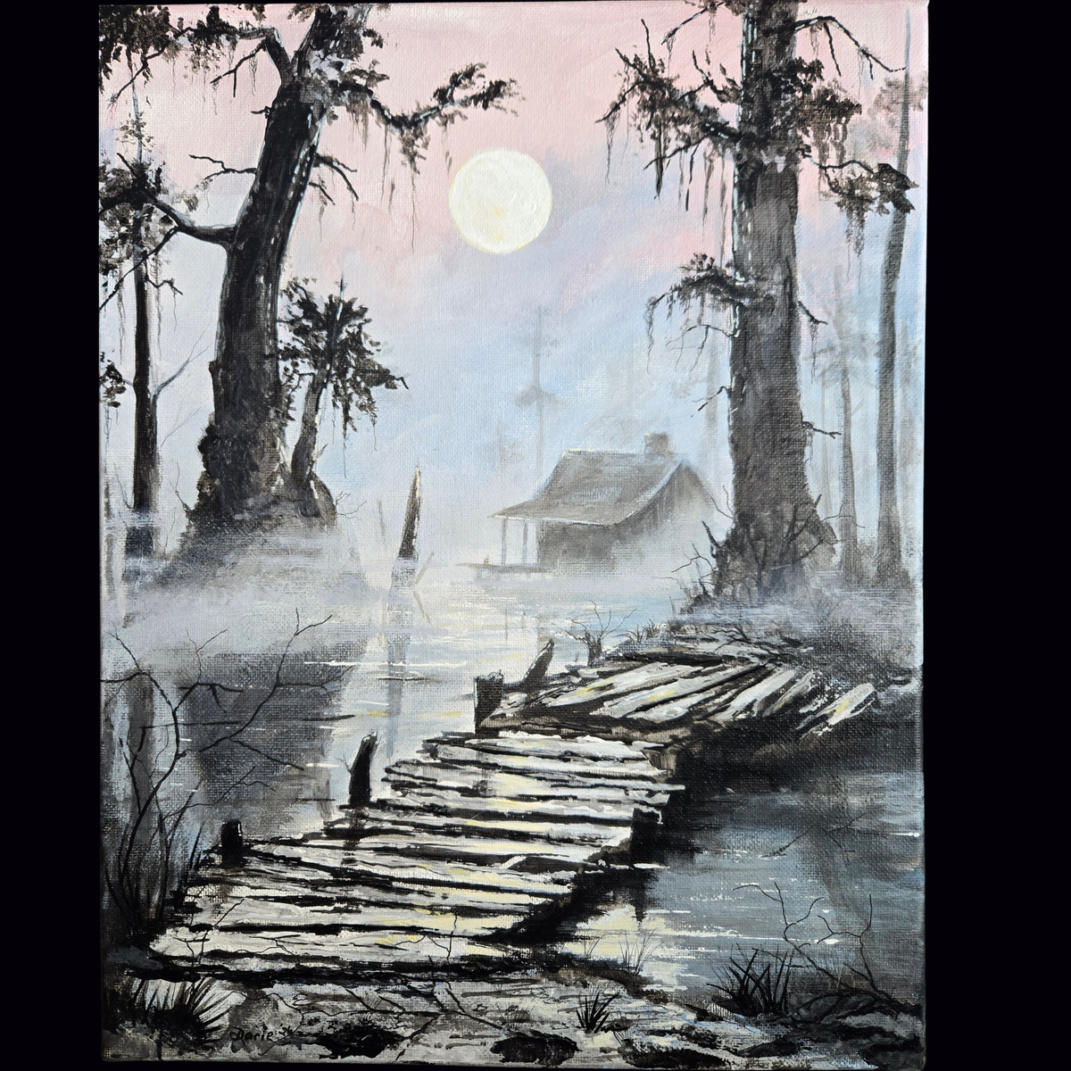 Southern Gothic Swamp Painting – Original 11x14 Acrylic on Canvas | Misty Bayou Cabin & Dock Art | Moody Louisiana Landscape