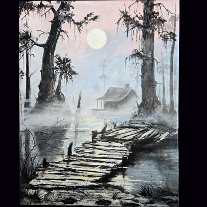 Southern Gothic Swamp Painting – Original 11x14 Acrylic on Canvas | Misty Bayou Cabin & Dock Art | Moody Louisiana Landscape