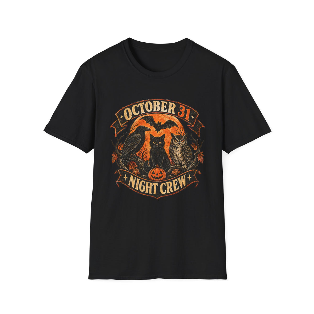 October 31 Night Crew Shirt, Vintage Halloween Graphic Tee, Black Cat Raven Owl Bat Shirt, Spooky Fall T-Shirt, Halloween Night Crew