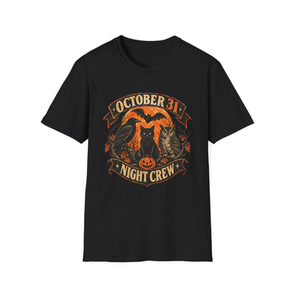 October 31 Night Crew Shirt, Vintage Halloween Graphic Tee, Black Cat Raven Owl Bat Shirt, Spooky Fall T-Shirt, Halloween Night Crew