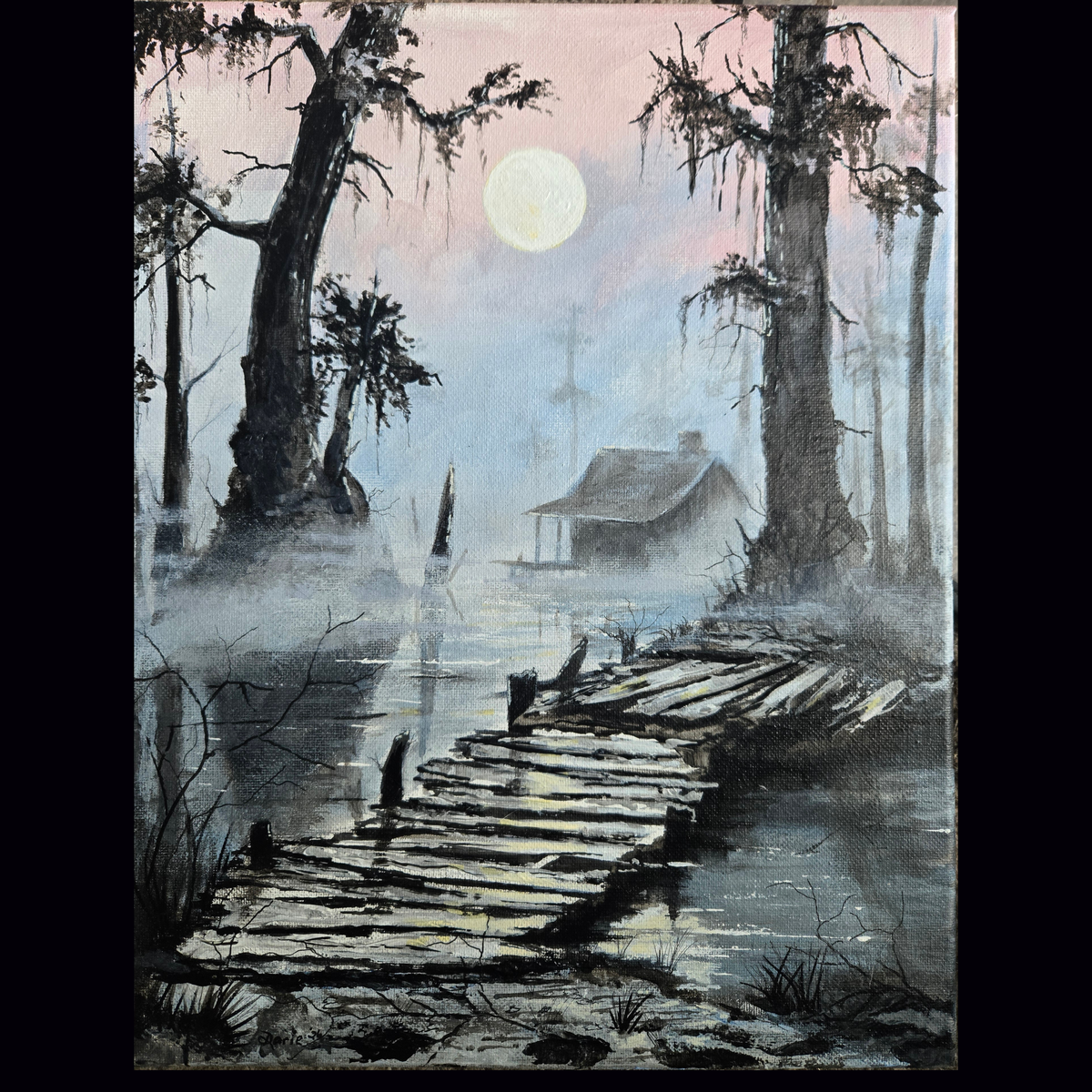 Southern Gothic Swamp Painting – Original 11x14 Acrylic on Canvas | Misty Bayou Cabin & Dock Art | Moody Louisiana Landscape