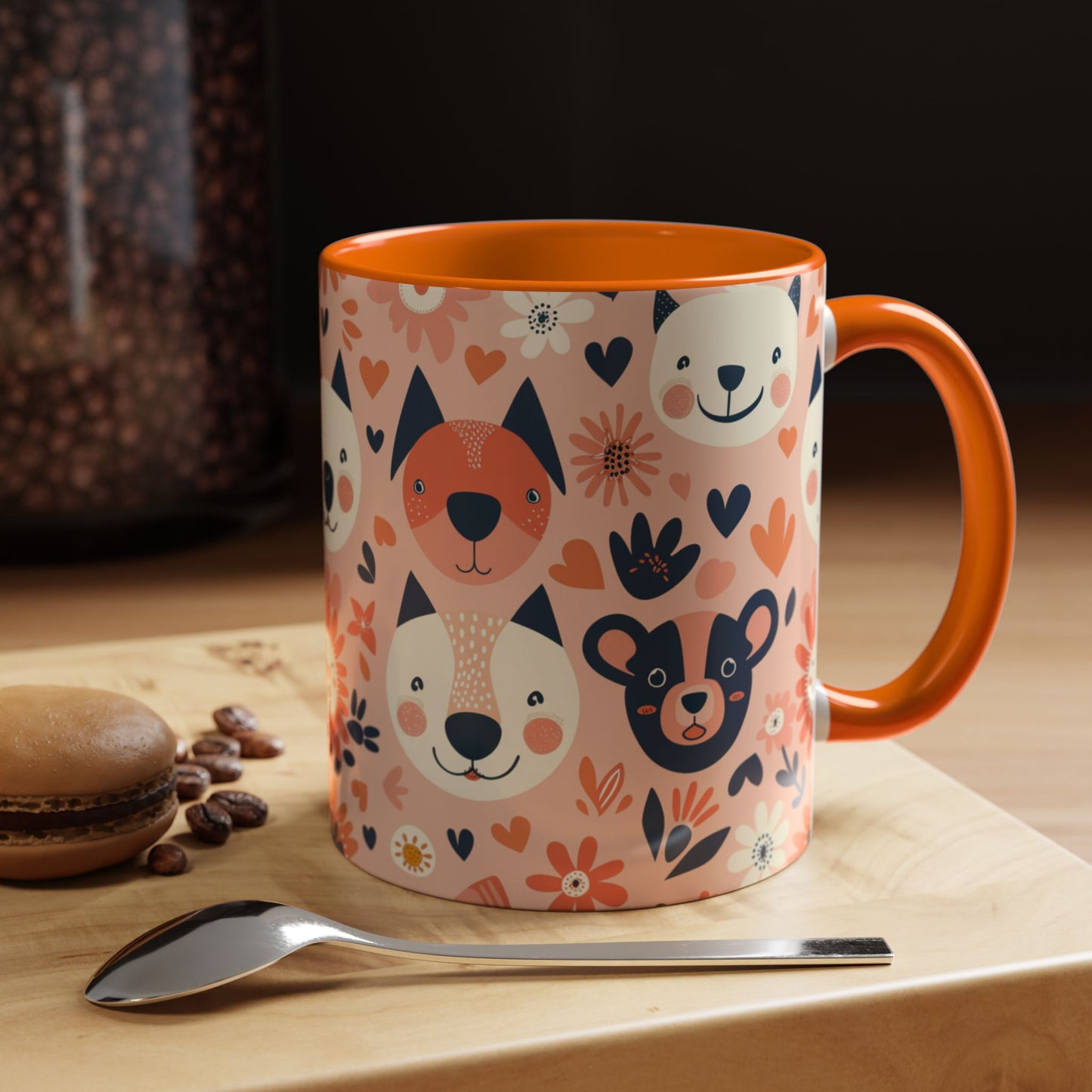 Whimsical Woodland Animals Mug, Cute Fox & Bear Coffee Cup, Peach and Navy Forest Friends Gift