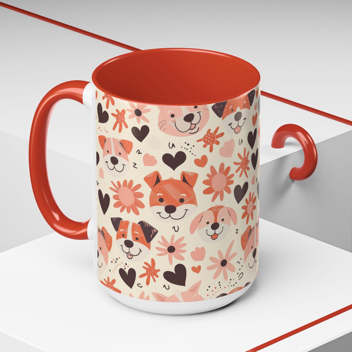 Sweet Puppy Mug, Peach and Cream Dog Lover Coffee Cup, Cute Floral Animal PatternDog Mom Gift