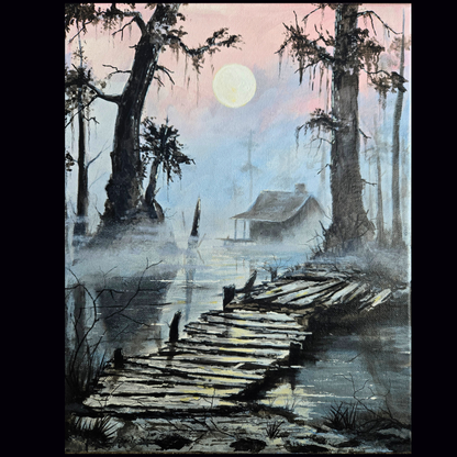 Southern Gothic Swamp Painting – Original 11x14 Acrylic on Canvas | Misty Bayou Cabin & Dock Art | Moody Louisiana Landscape